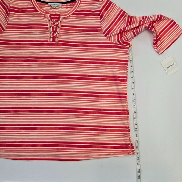 NWT Emily Daniels 3/4 Sleeve Lace-Up Neck Top, 2XL, Peach/Red/Pink/White Stripes - Picture 5 of 11